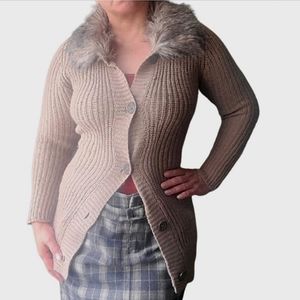 Long Sweater Cardigan with Faux Fur Collar and Belt for Girls Size Large